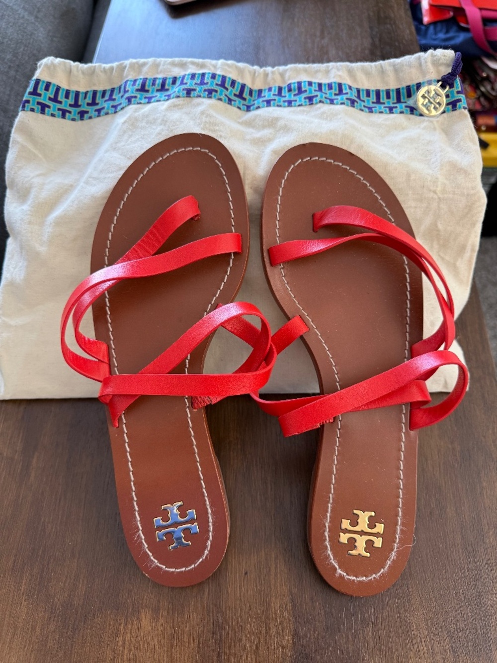 Tory Burch Red Leather Strappy Flat Sandals with Dust Bag Size 9